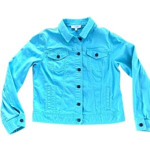 Talbots Womens Turquoise Blue Denim Jacket Size M Cotton Stretch Button Up